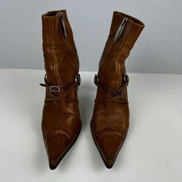 Sergio Rossi Tan Leather Ankle Boots Women Sz. 6 36 Buckle Detail Made in Italy - Picture 2 of 11